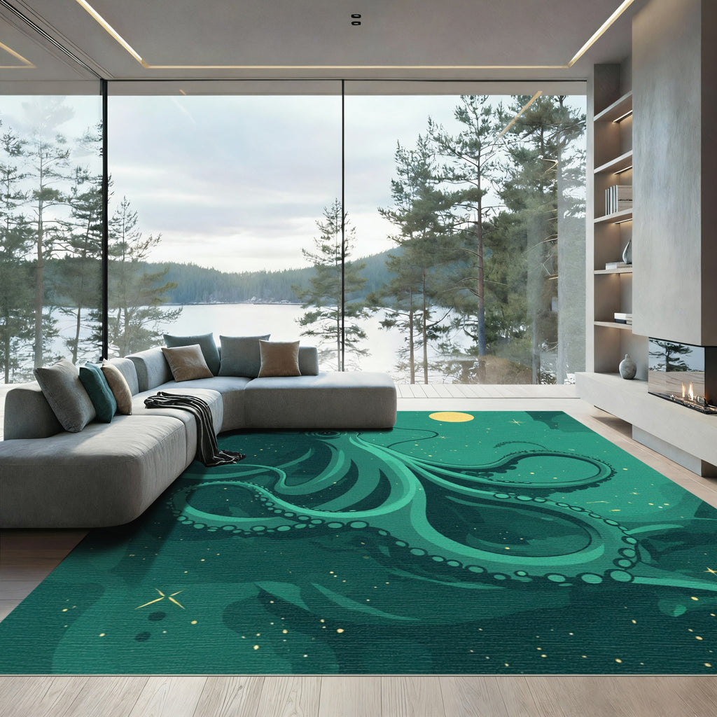 Mysterious Teal Octopus Stars Rug