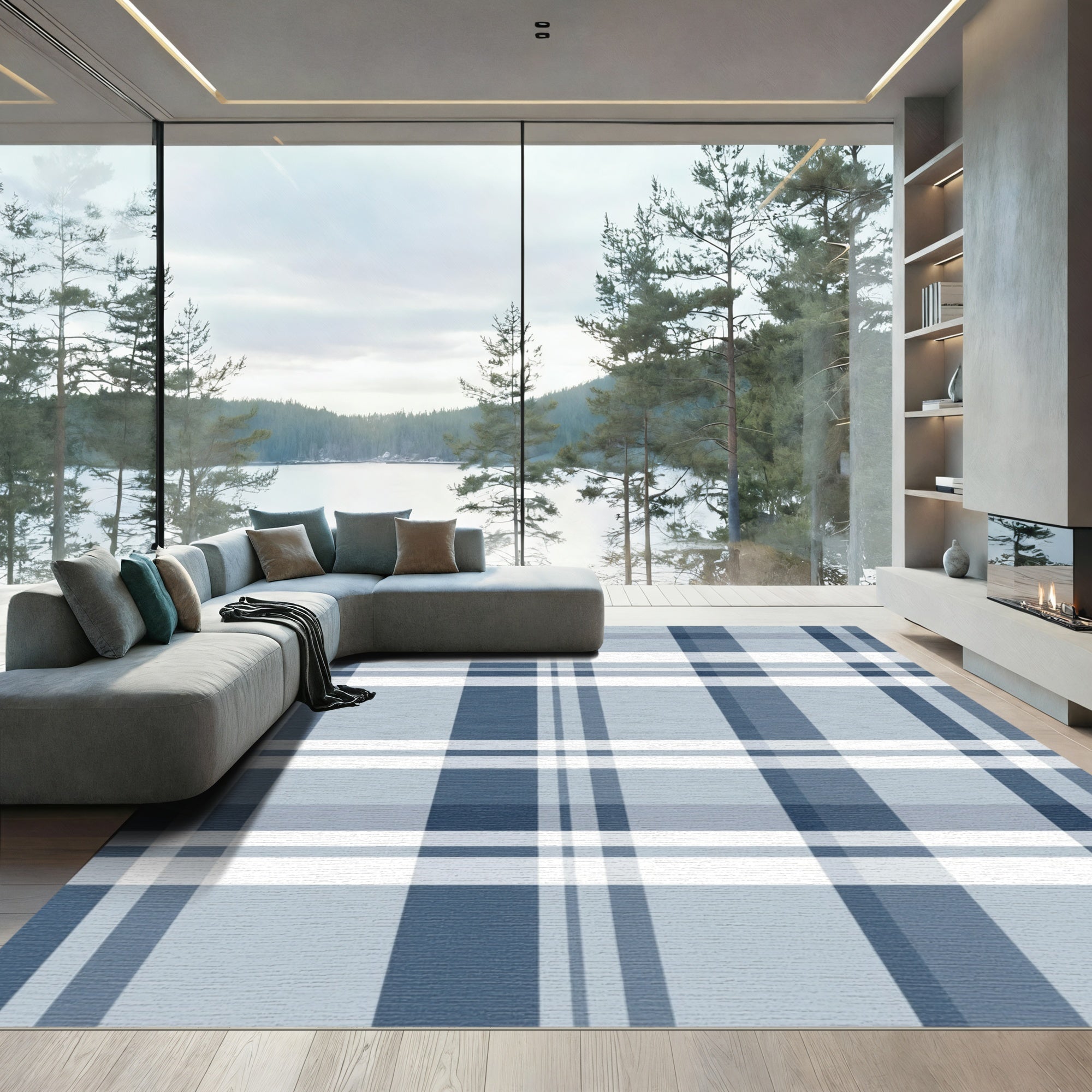 Classic Blue White Plaid Check Rug