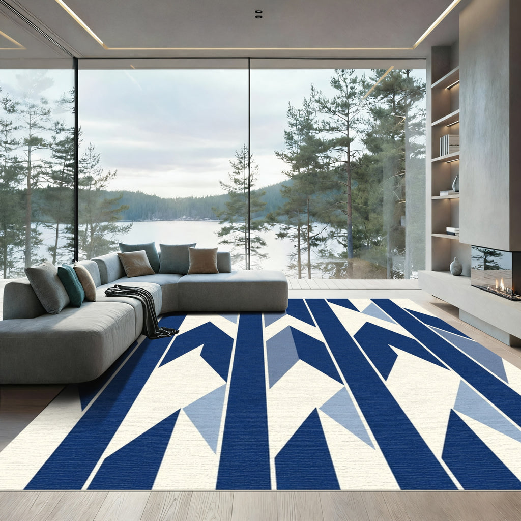 Deep Blue Geometric Interlocking Stripes Rug