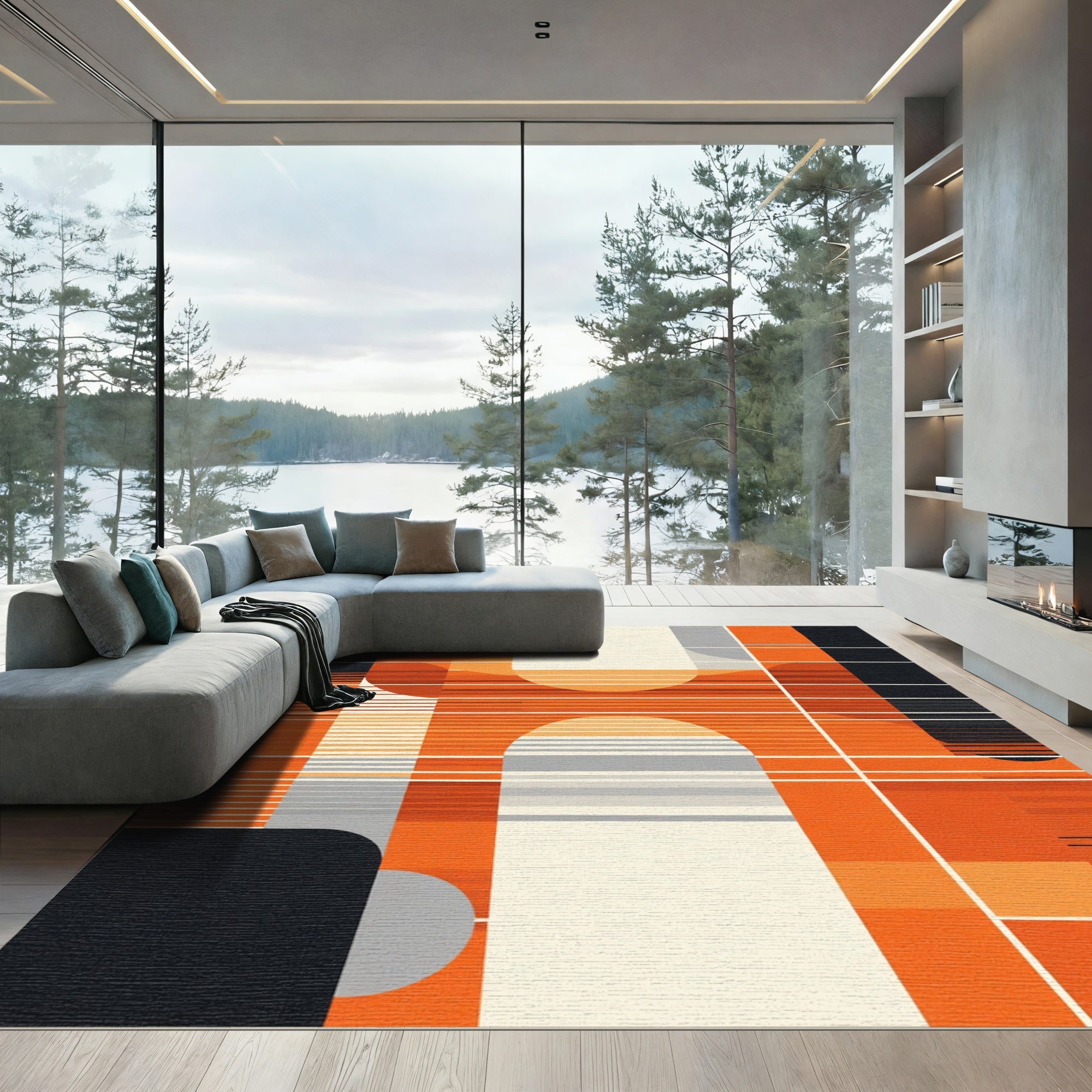 Modern Abstract Geometric Orange Arch Rug