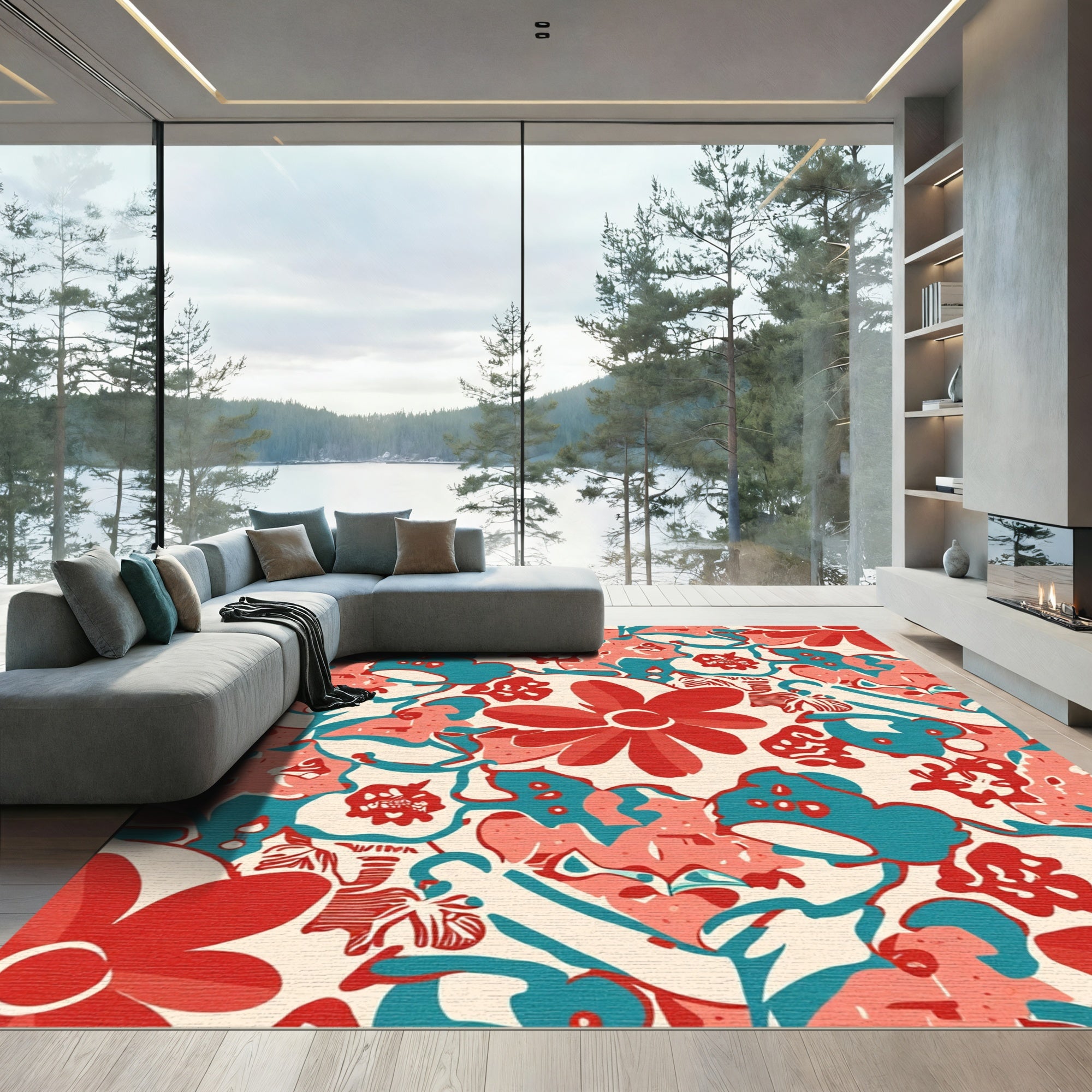 Retro Teal Coral Floral Medley Rug