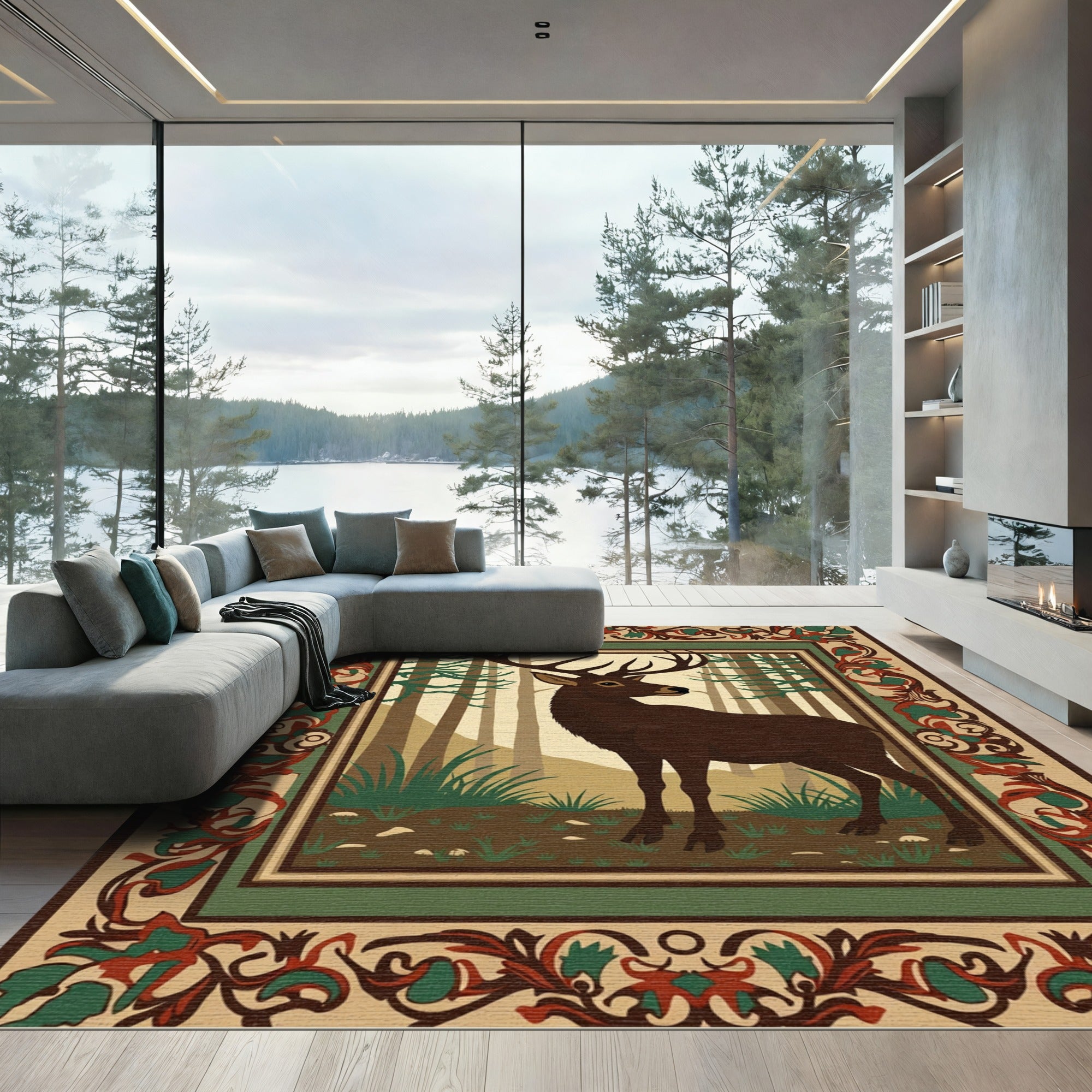 Forest Stag With Ornate Border Rug