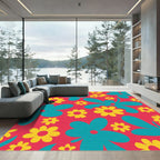 Retro Teal Golden Floral Pop Art Rug