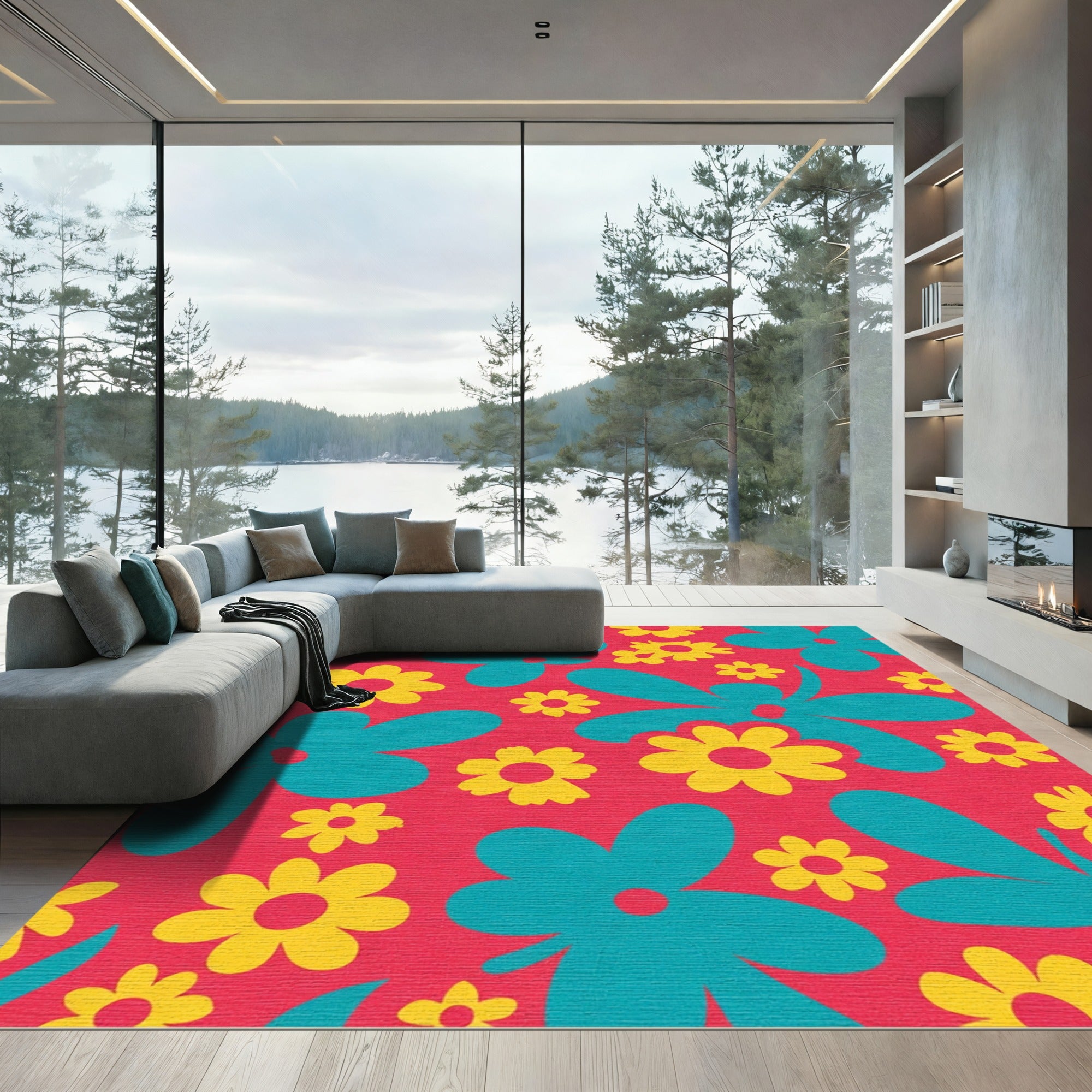 Retro Teal Golden Floral Pop Art Rug
