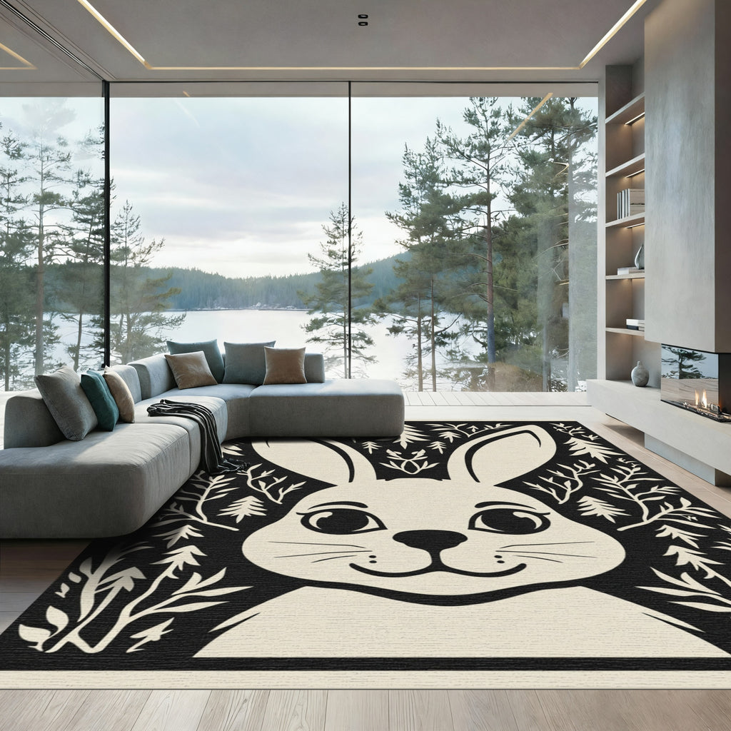 Whimsical Bunny Forest In Black Cream Rug