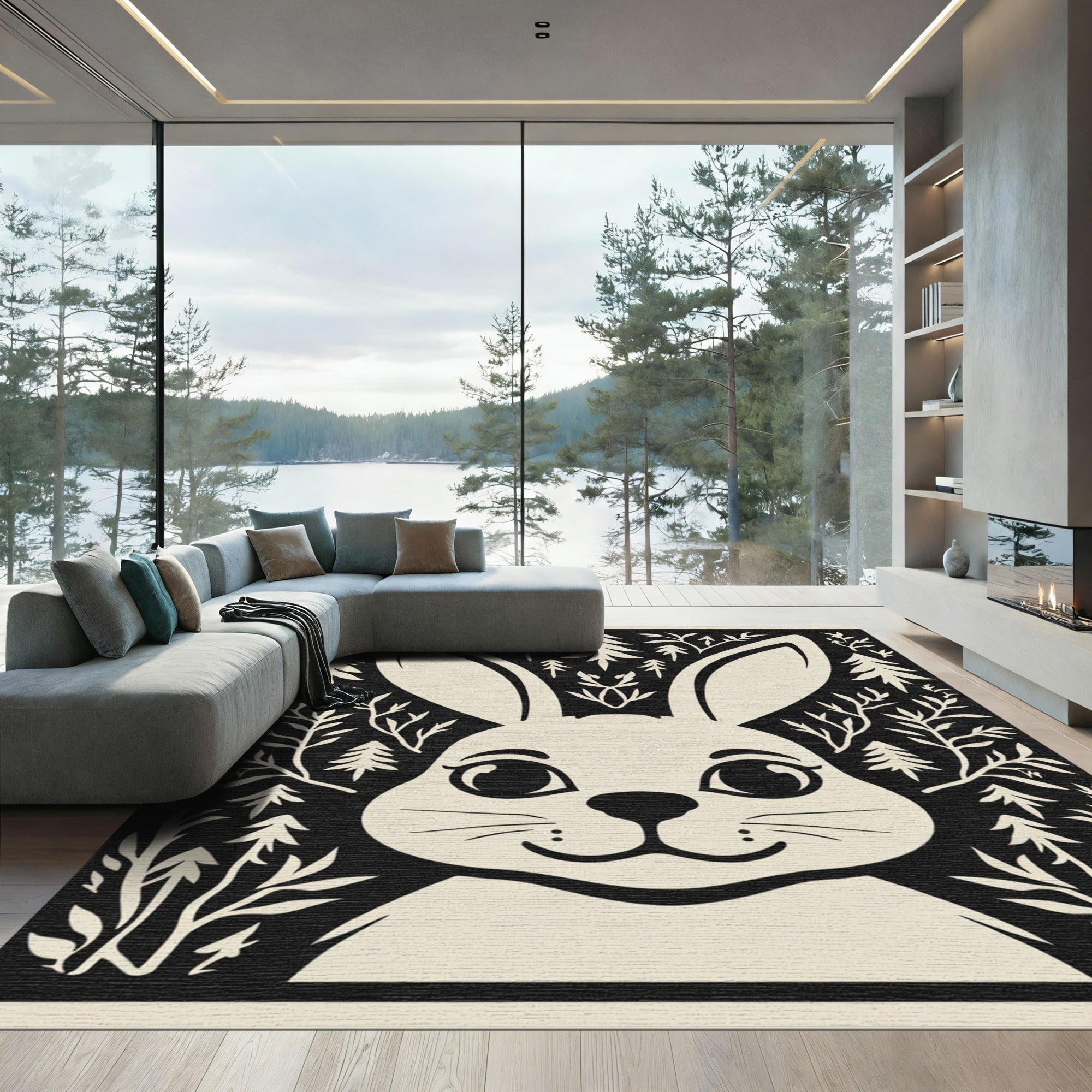 Whimsical Bunny Forest In Black Cream Rug