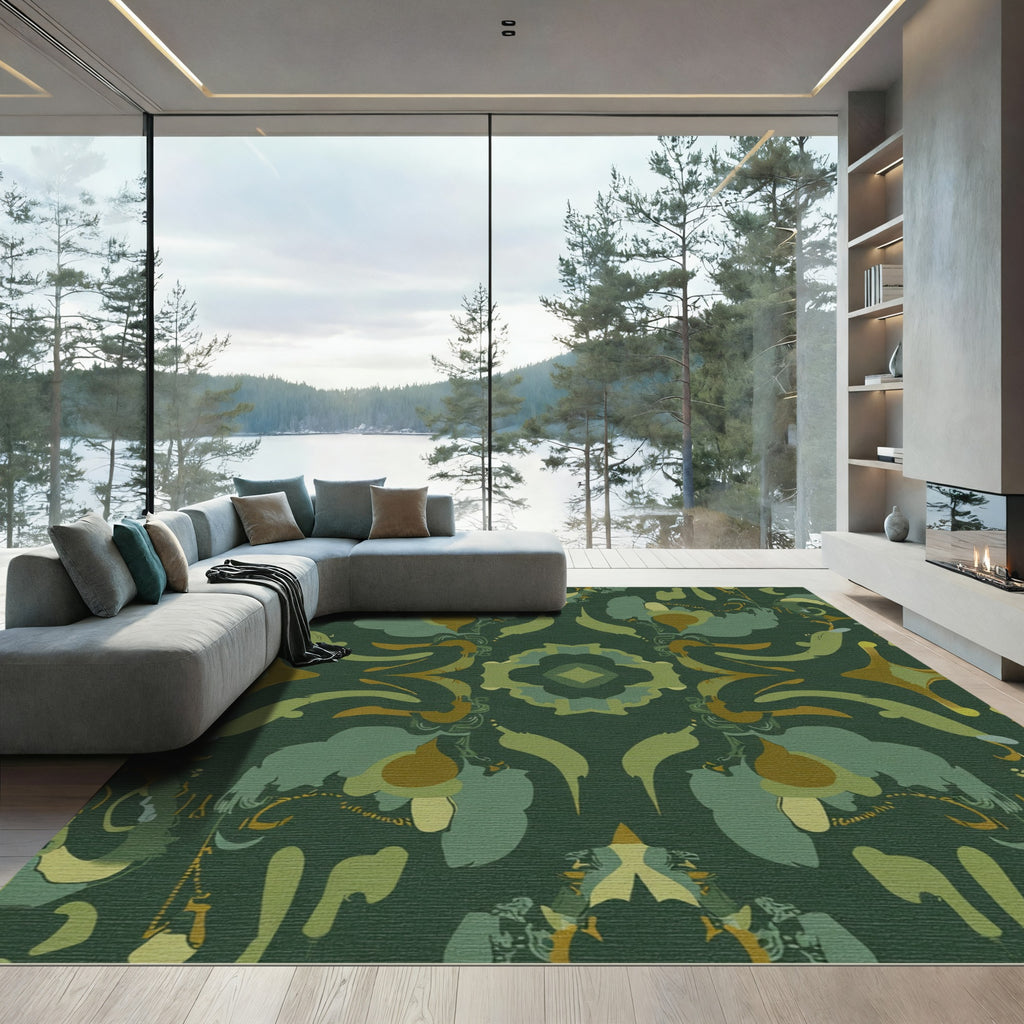 Deep Green Abstract Organic Medallion Rug