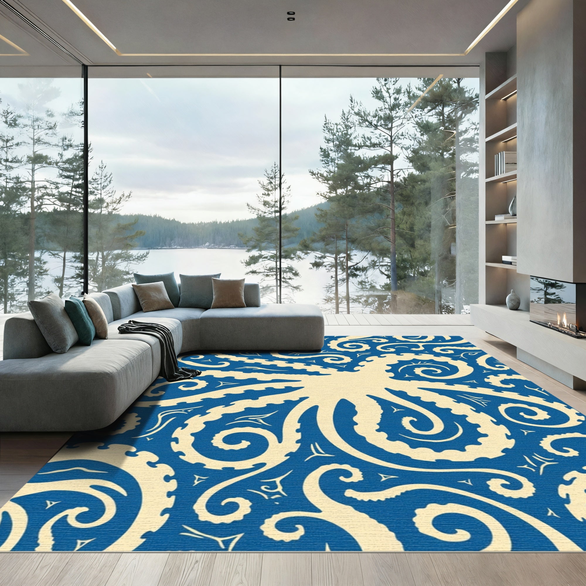 Cream Octopus Blue Swirls Rug