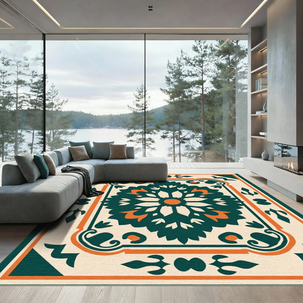 Deep Teal Orange Floral Medallion Rug
