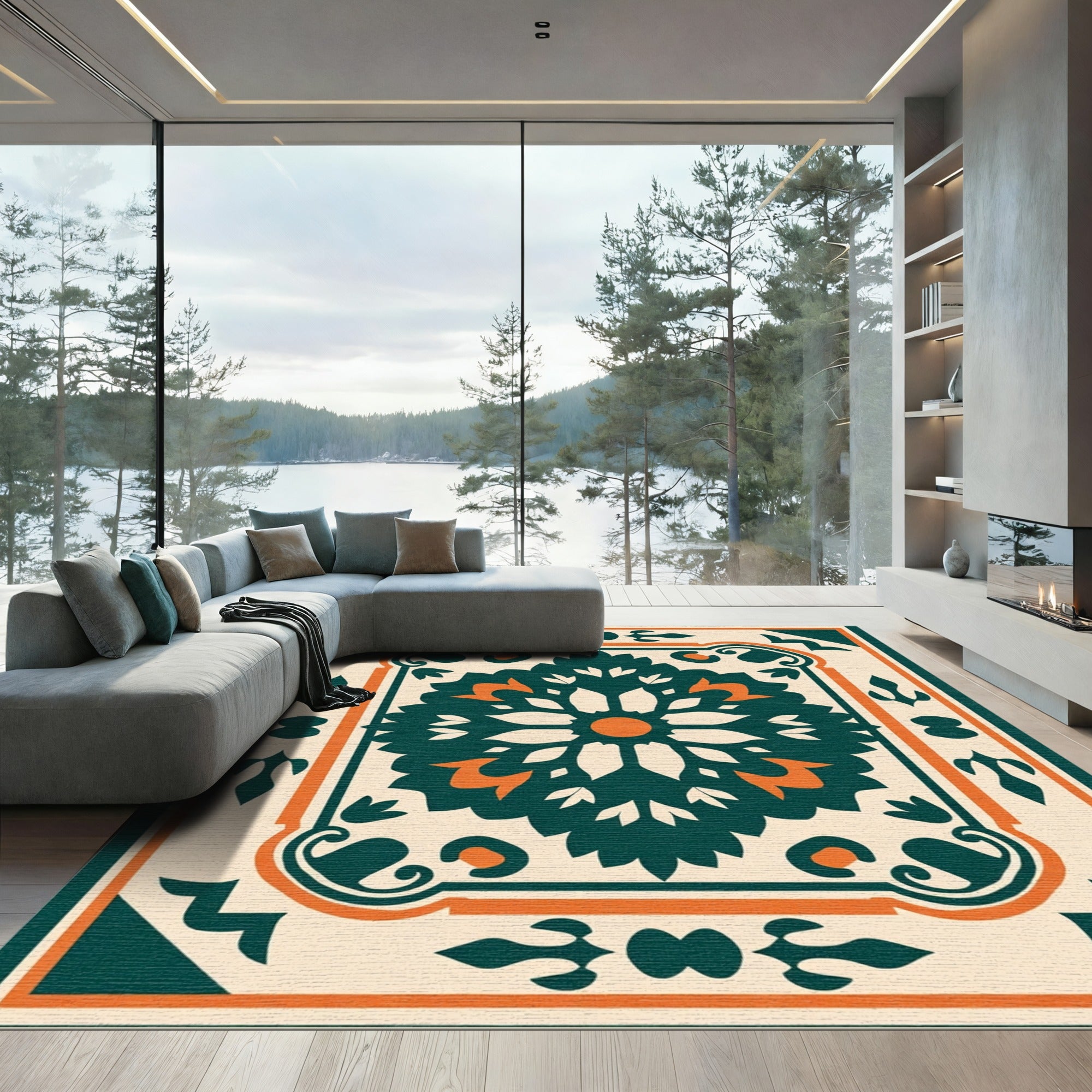 Deep Teal Orange Floral Medallion Rug