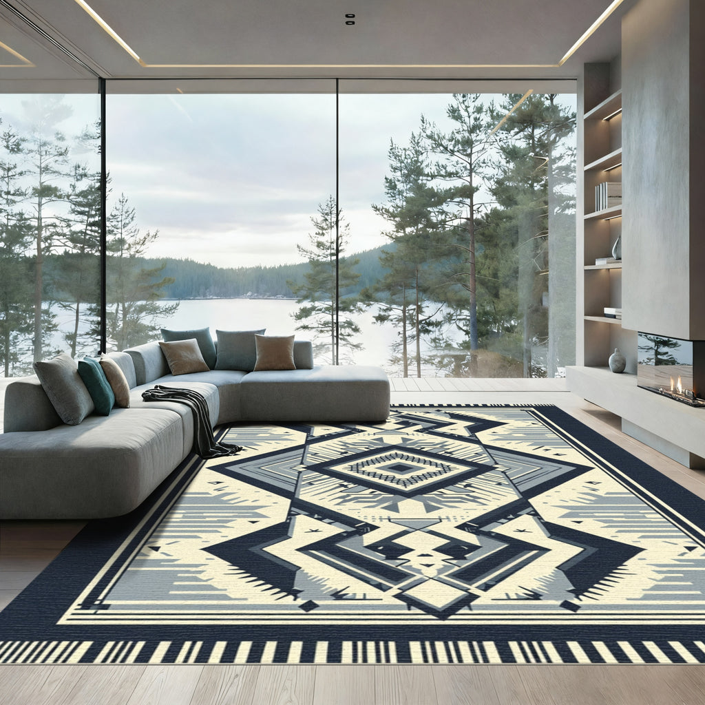 Cream Navy Geometric Diamond Medallion Rug