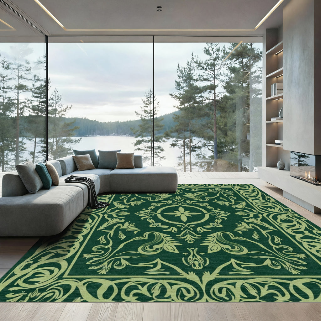 Emerald Green Scrollwork Floral Medallion Rug