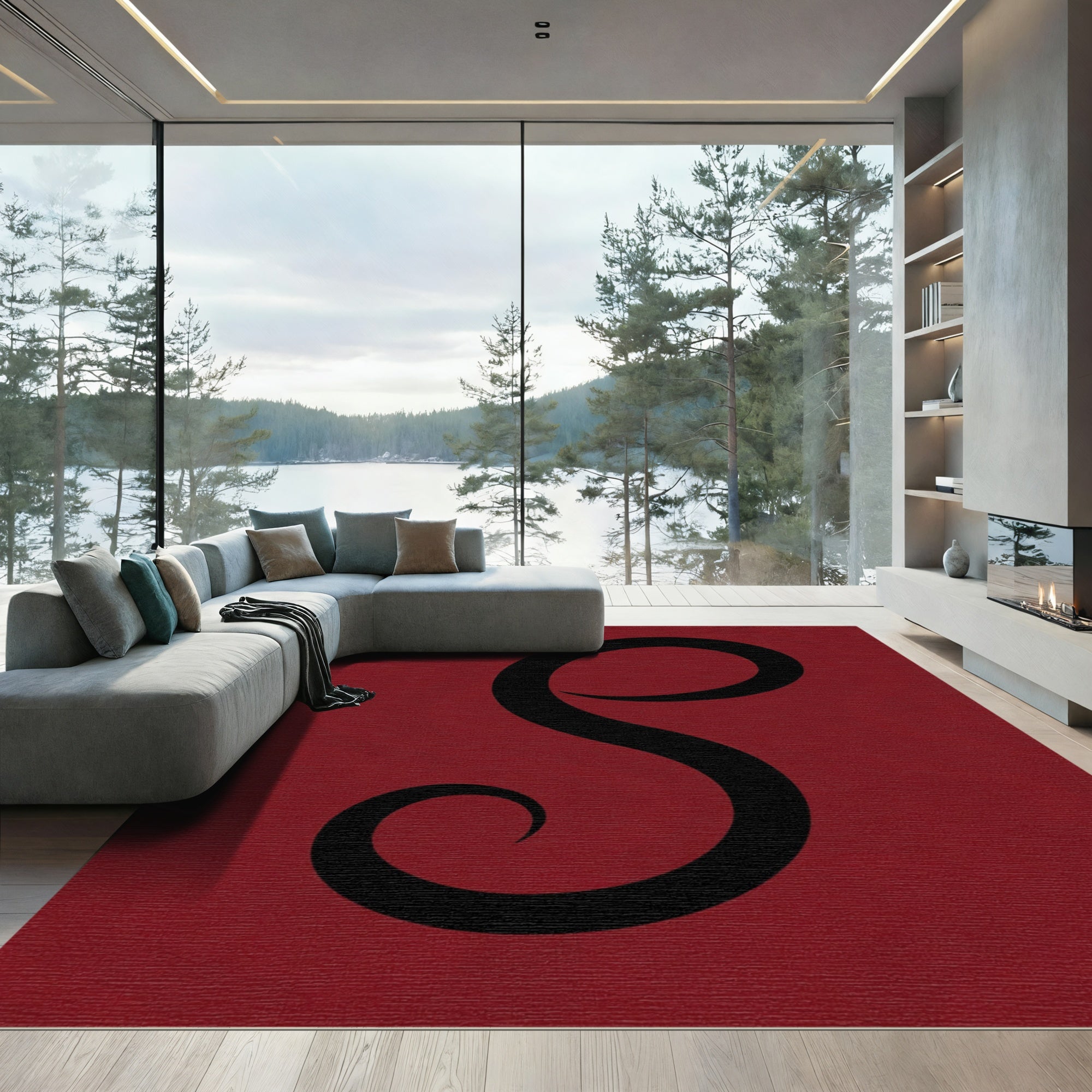 Deep Red Swirl Calligraphy Rug