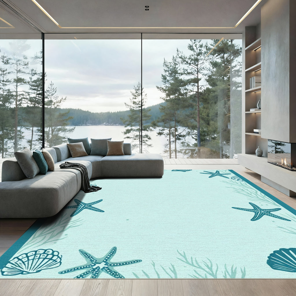 Teal Starfish Shell Coral Border Rug