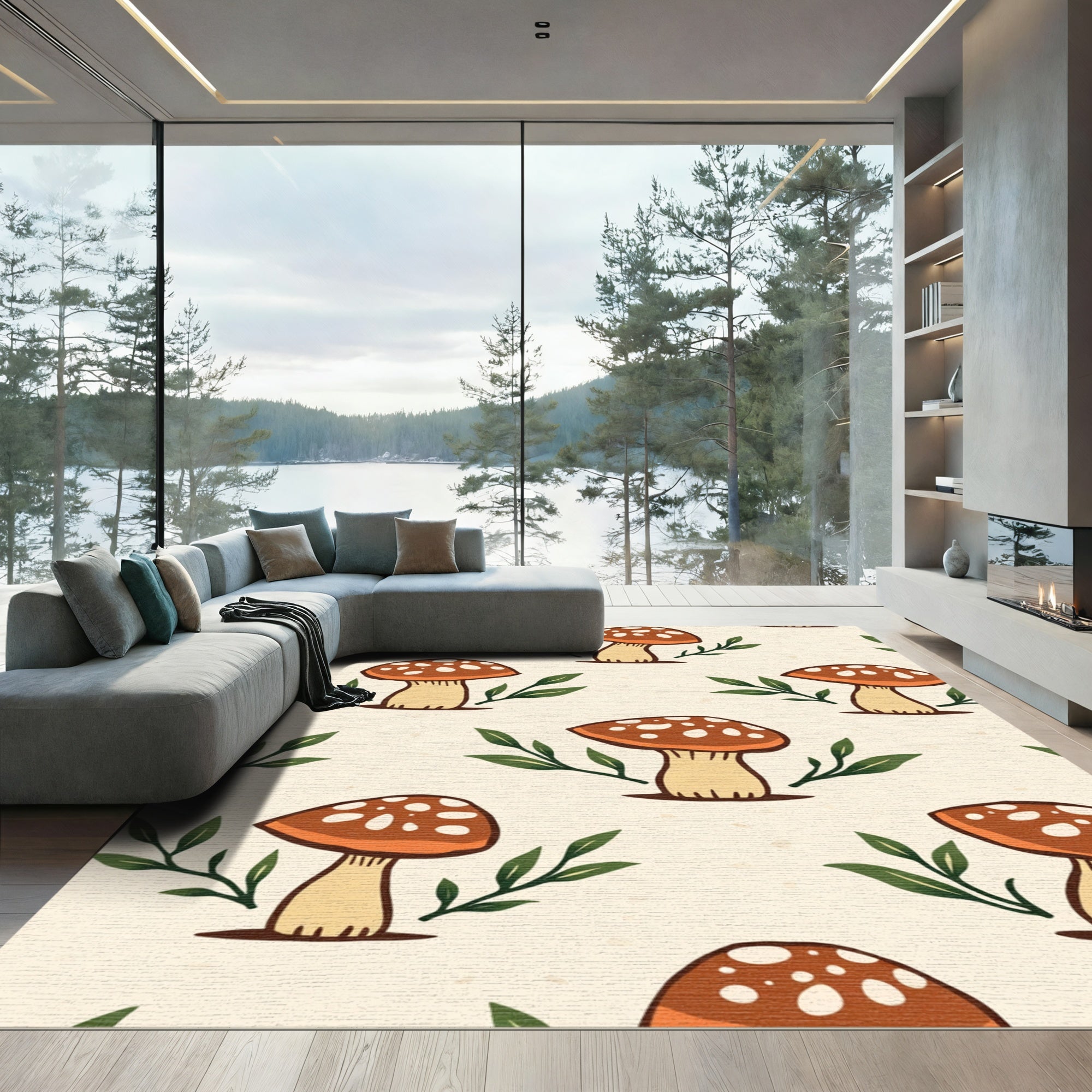 Retro Mushroom and Leaf Pattern Rug