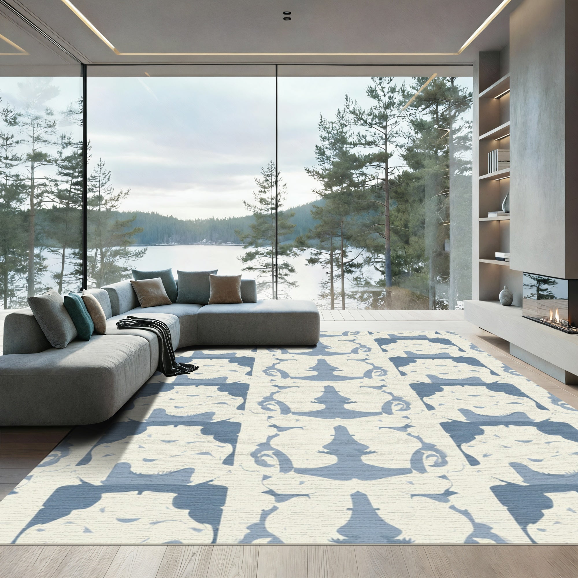 Pale Blue Cream Abstract Mirror Image Rug