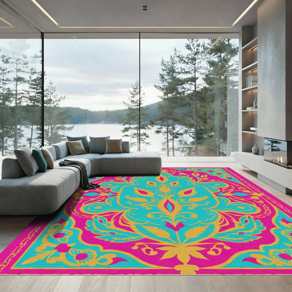 Vibrant Magenta Teal Floral Arch Rug