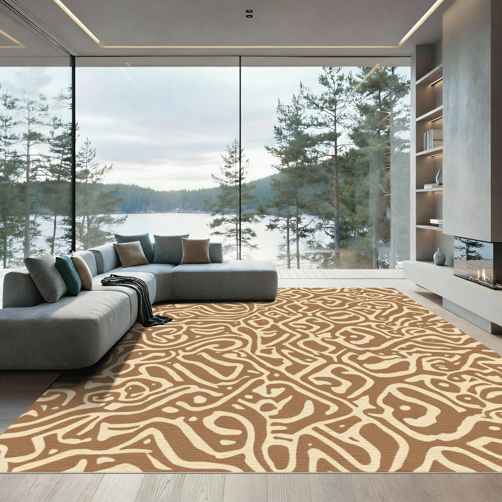 Earthy Tan Abstract Labyrinth Rug