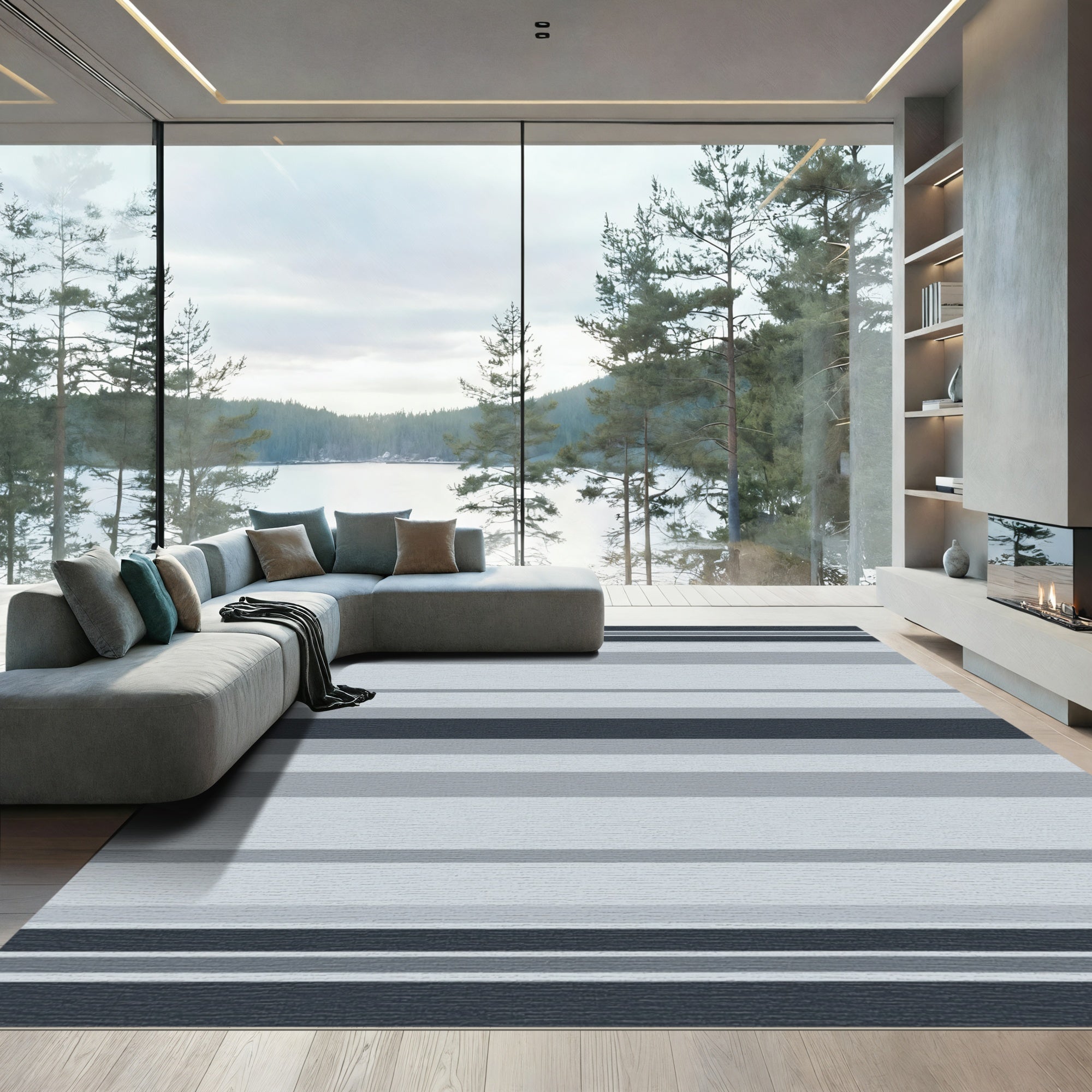 Cool Gray Horizontal Line Blanket Rug