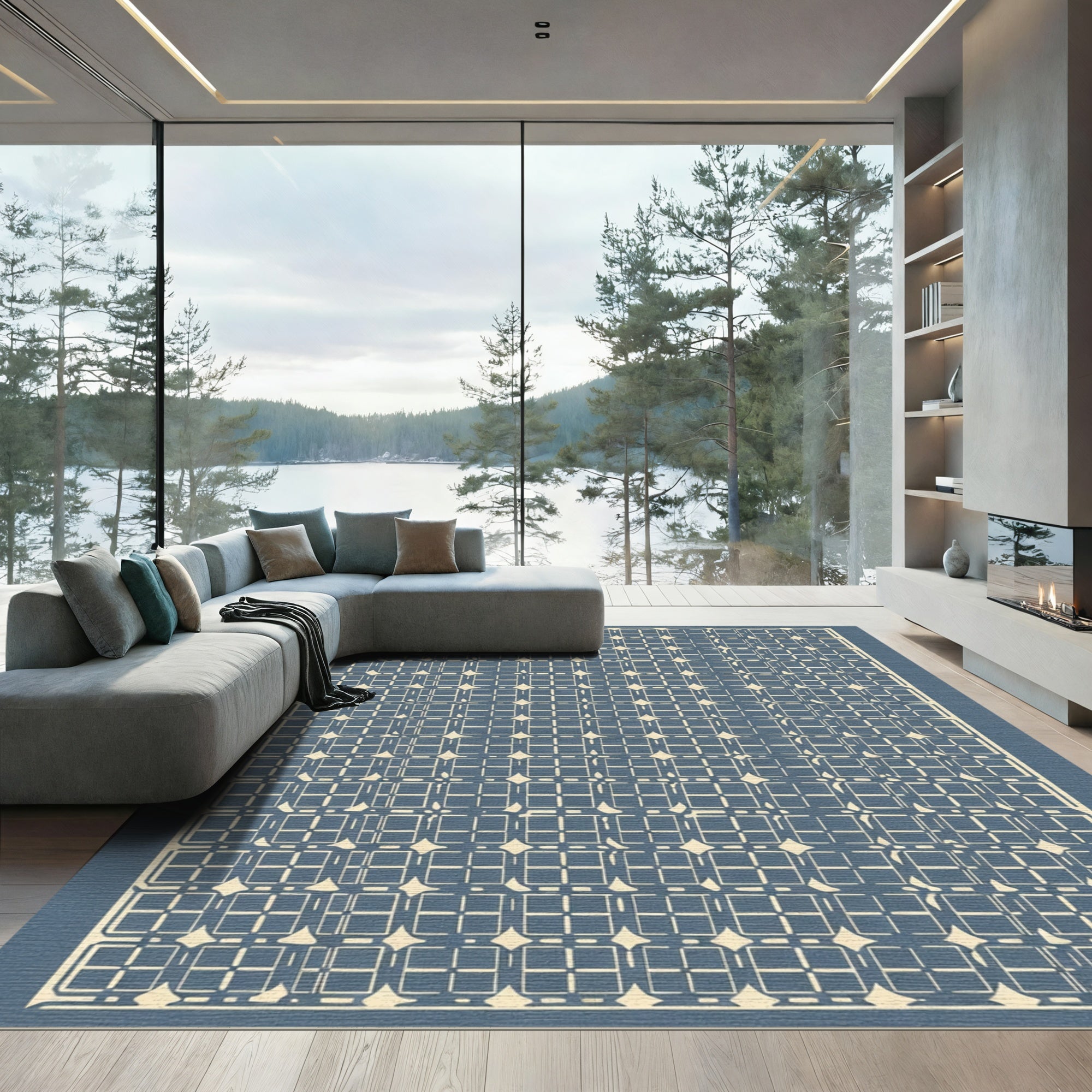 Geometric Starburst Blue Cream Rug