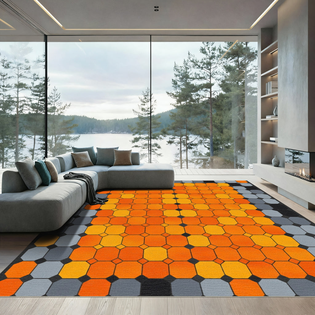 Vibrant Orange Geometric Grid Rug
