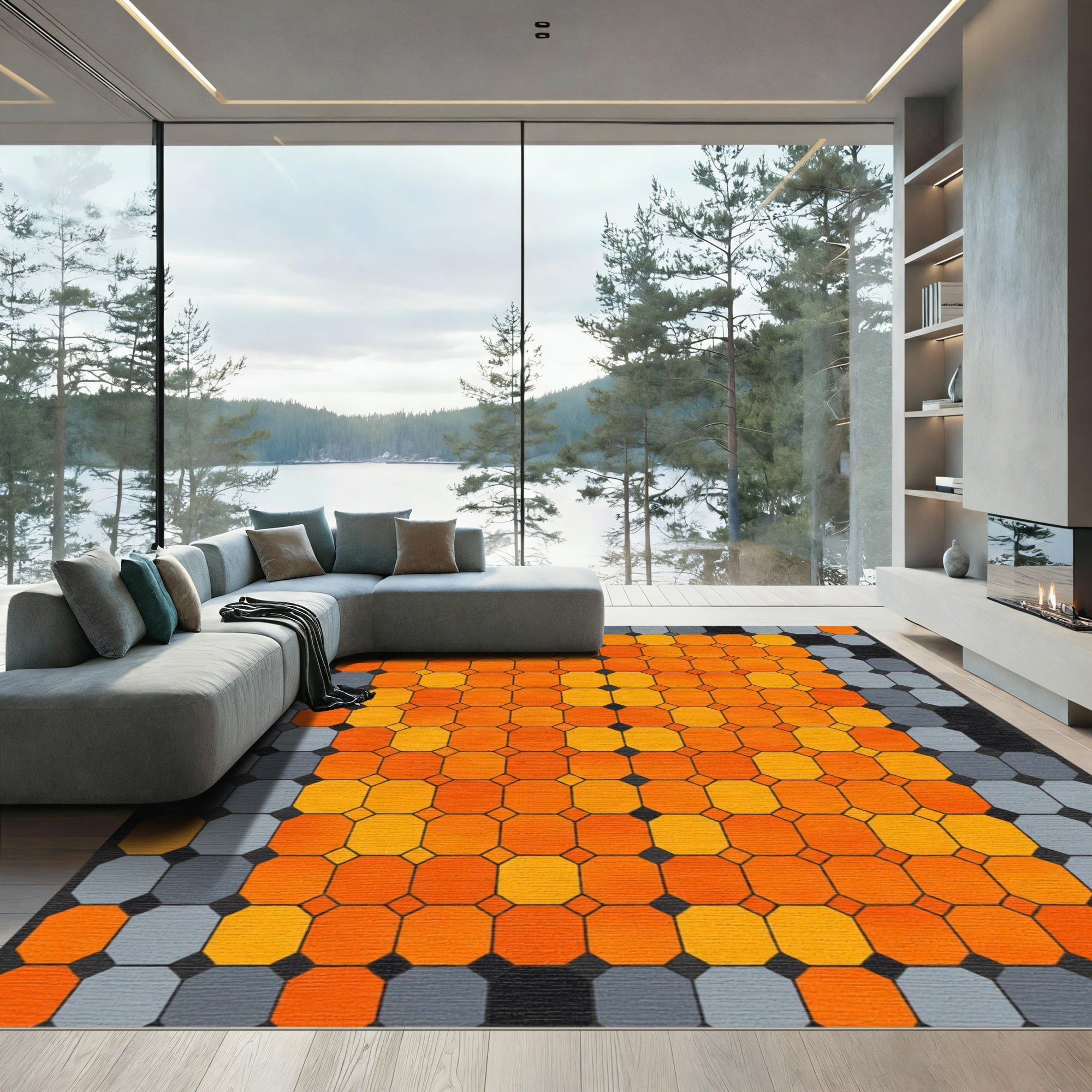 Vibrant Orange Geometric Grid Rug