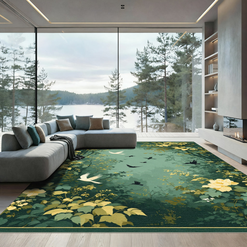 Emerald Forest White Birds Floral Scene Rug