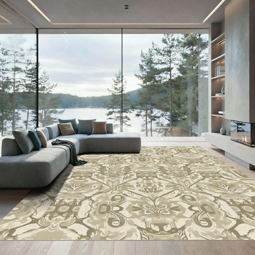 Ornate Tan Baroque Scroll Medallion Rug