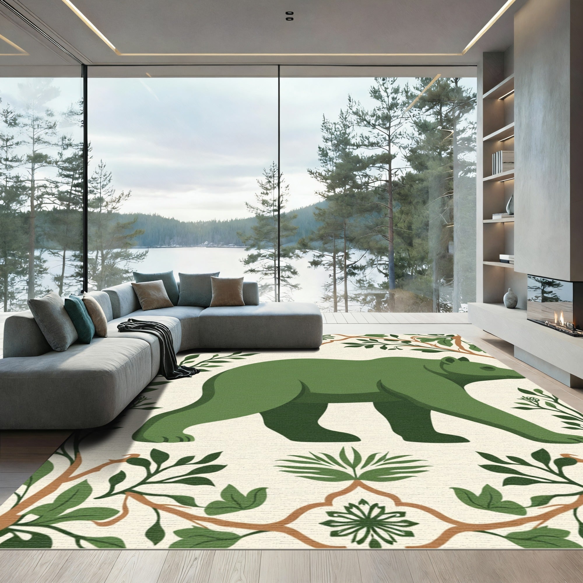 Green Bear Woodland Border Art Rug