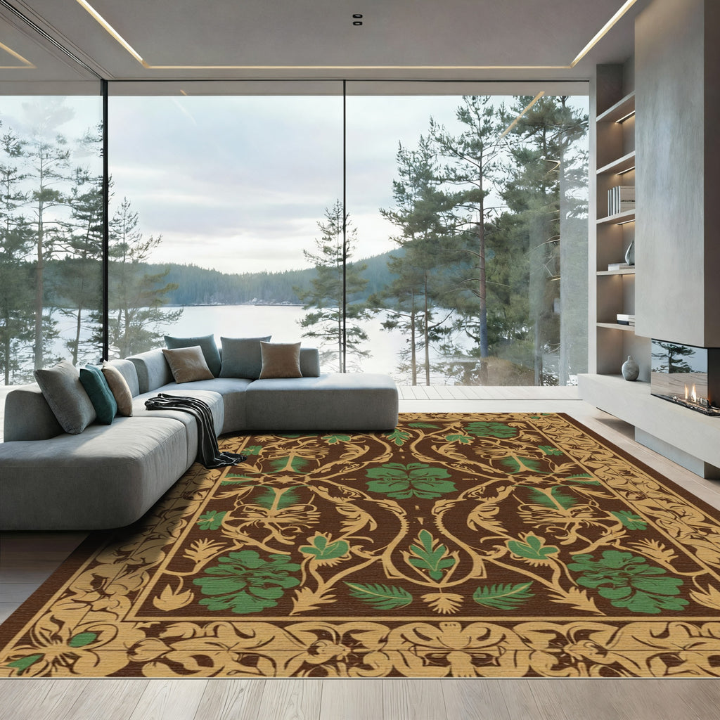 Brown Green Floral Vine Medallion Rug