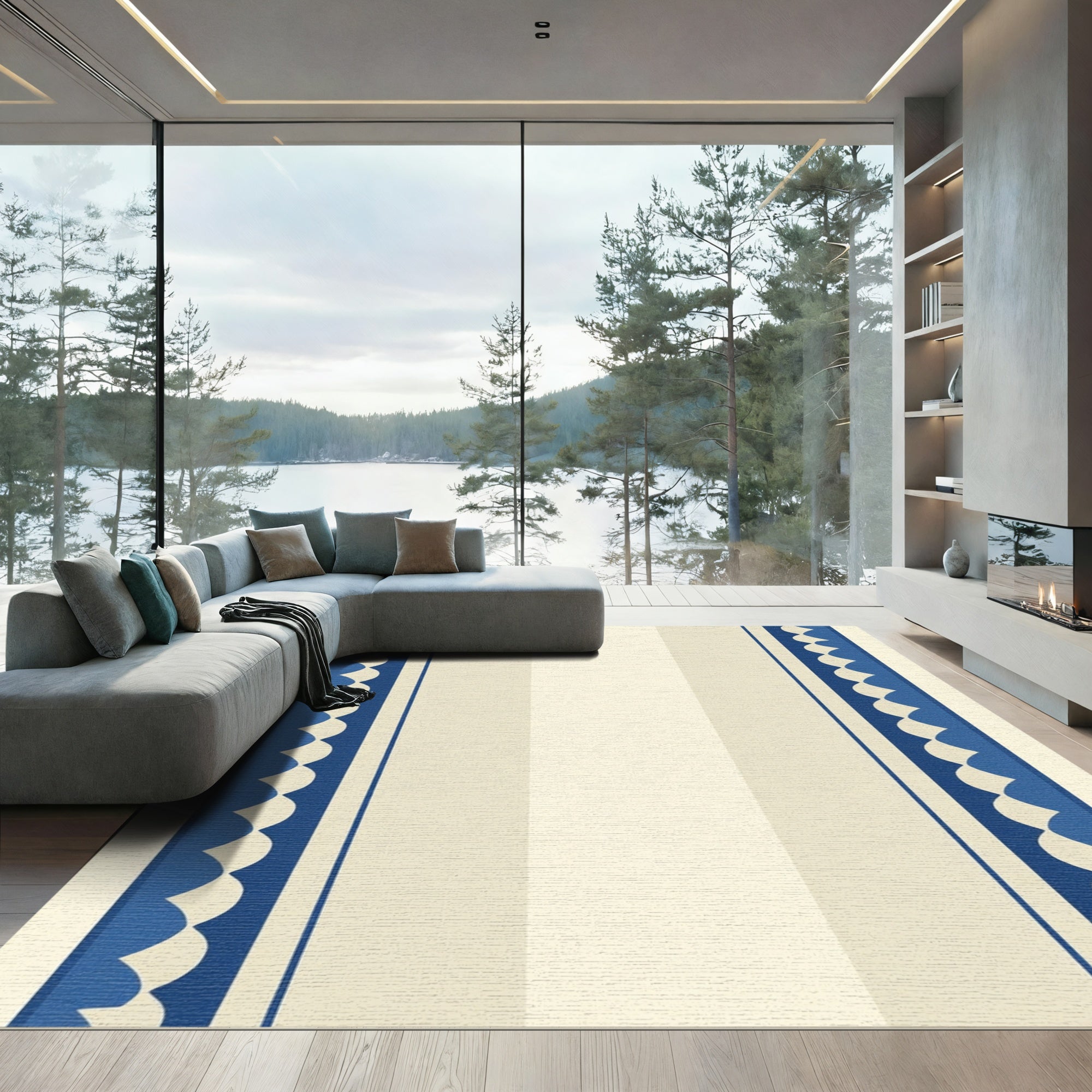 Cream Blue Scalloped Stripe Rug