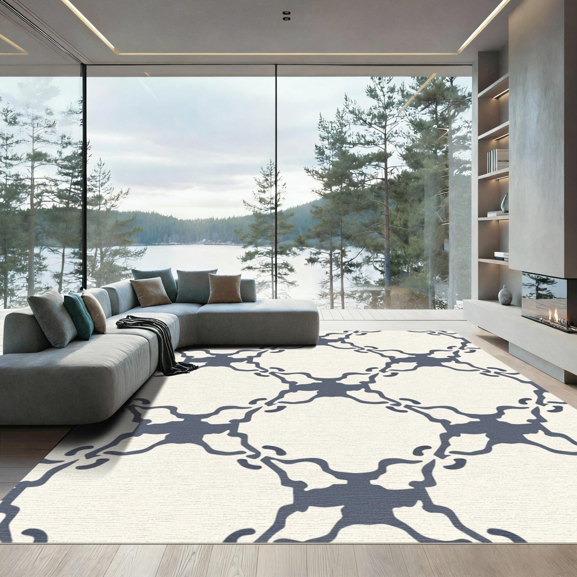 Cream Navy Interlocking Quatrefoil Rug