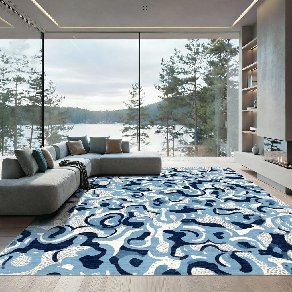 Cool Blue Abstract Swirl Composition Rug