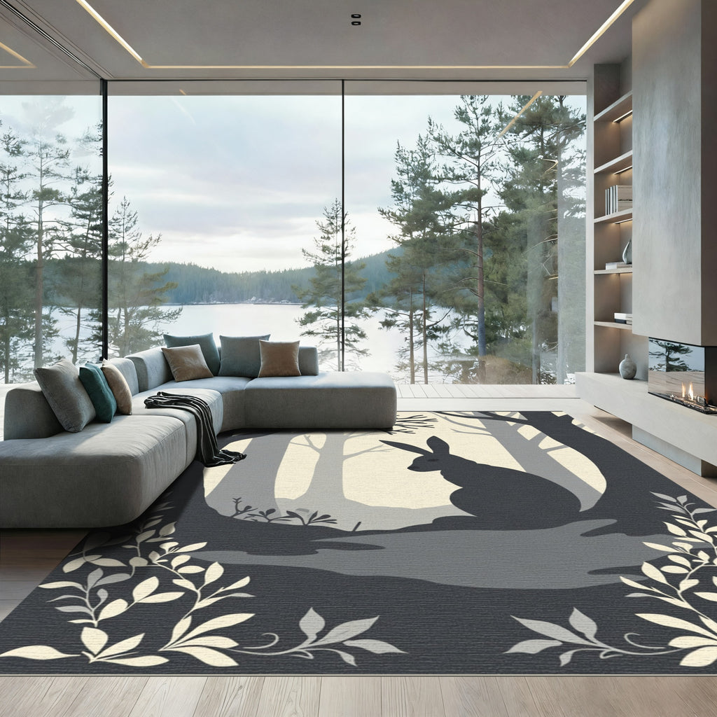 Monochromatic Forest Hare Silhouette Rug