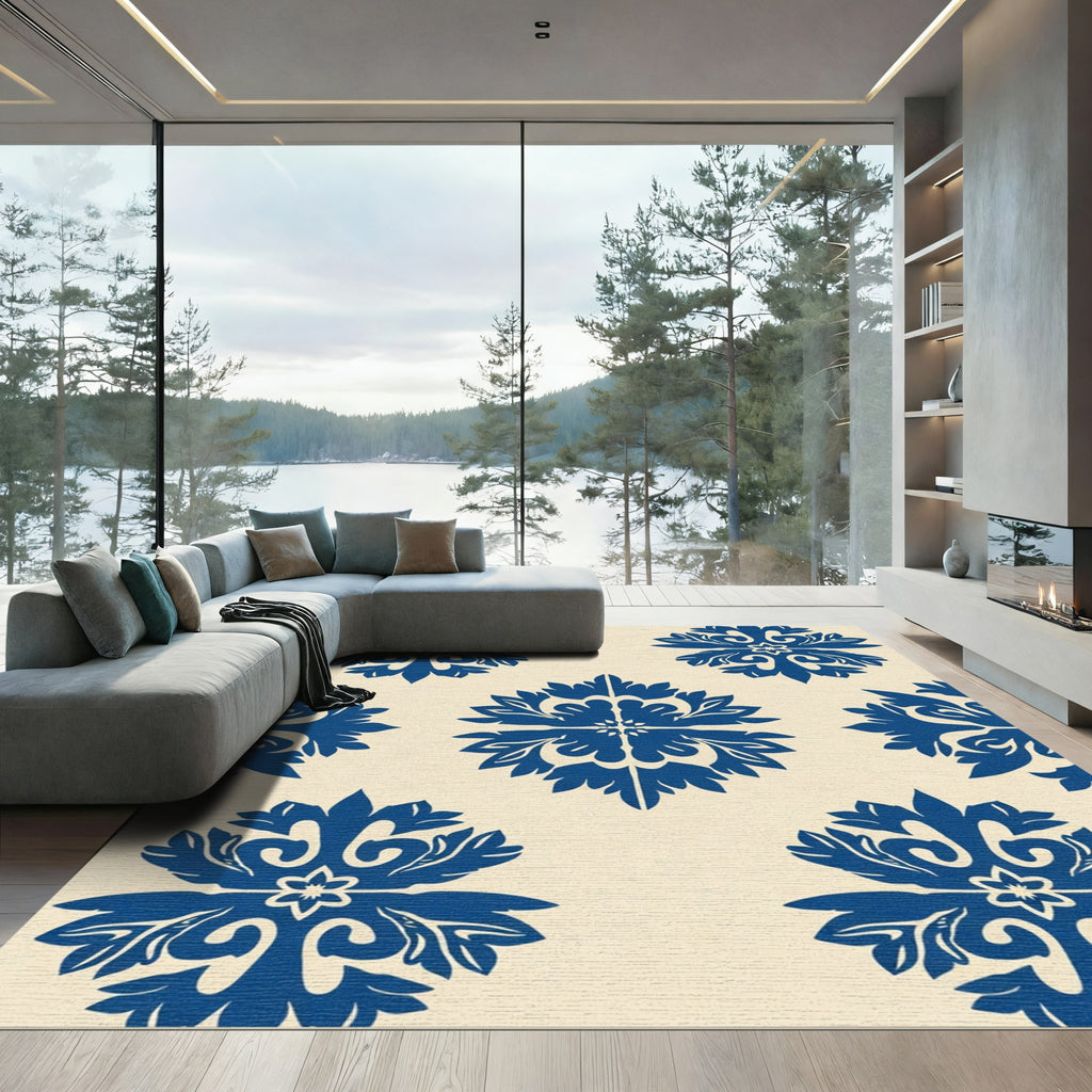 Royal Blue Floral Damask Medallion Rug
