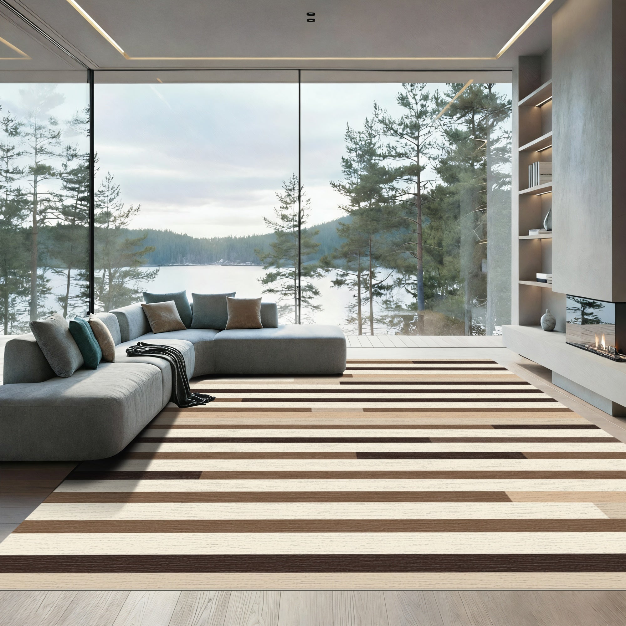 Neutral Wood Grain Horizontal Bands Rug