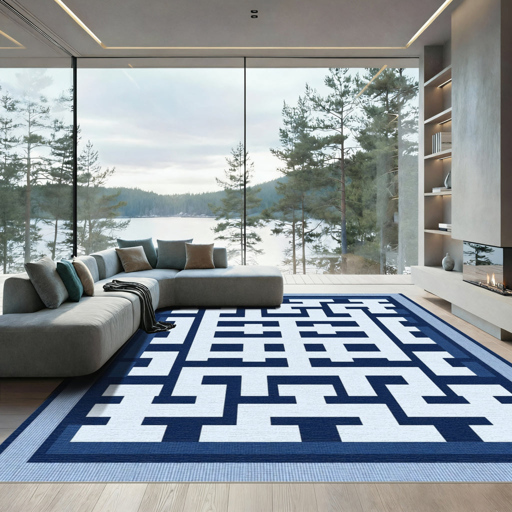 Geometric Labyrinth Blue and White Rug