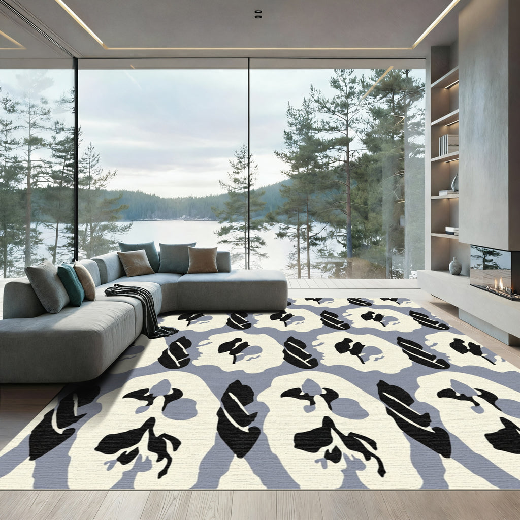 Modern Black Ivory Organic Leaf Repeat Rug