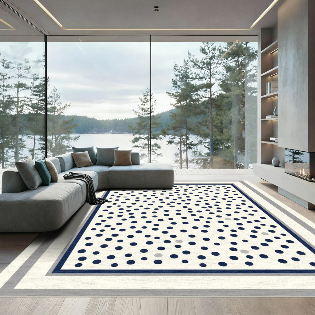 Navy Blue Scattered Dots Bordered Rug