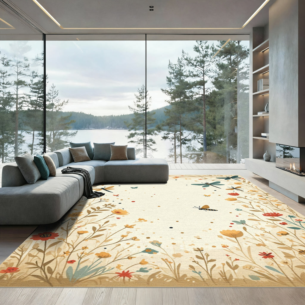 Golden Meadow Dragonfly Floral Landscape Rug