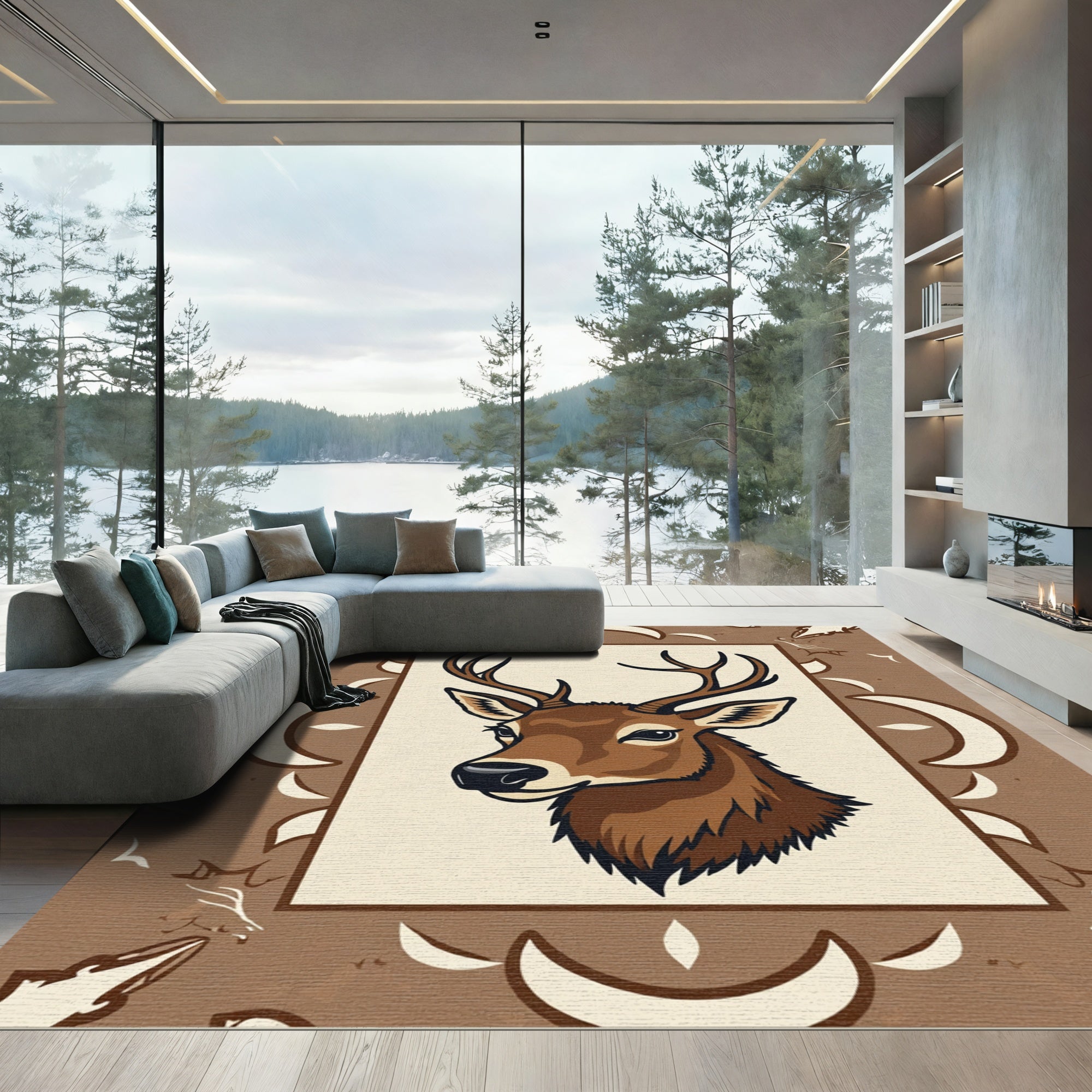 Earthy Brown Rustic Deer Portrait Rug