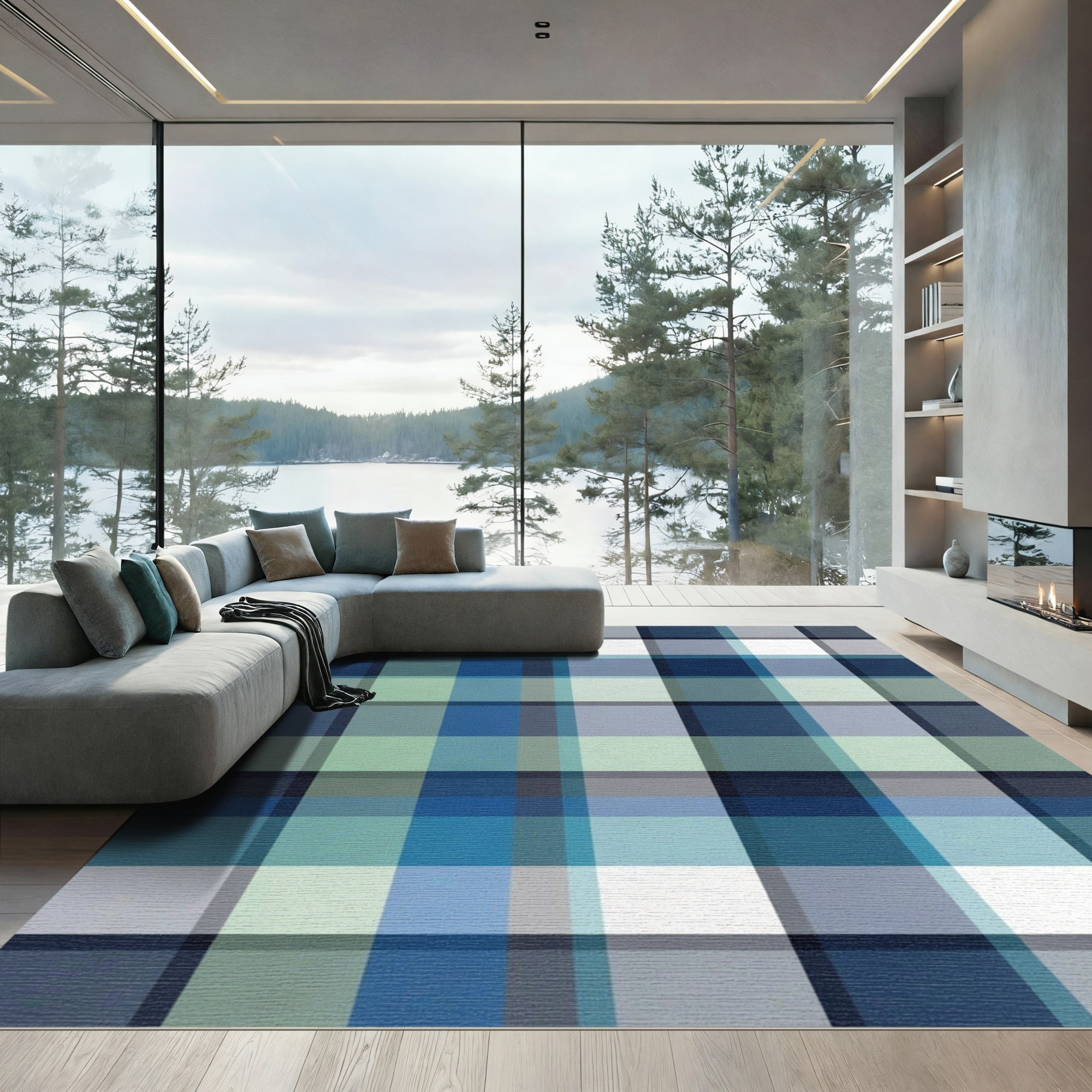 Coastal Blue Plaid Checkered Rug