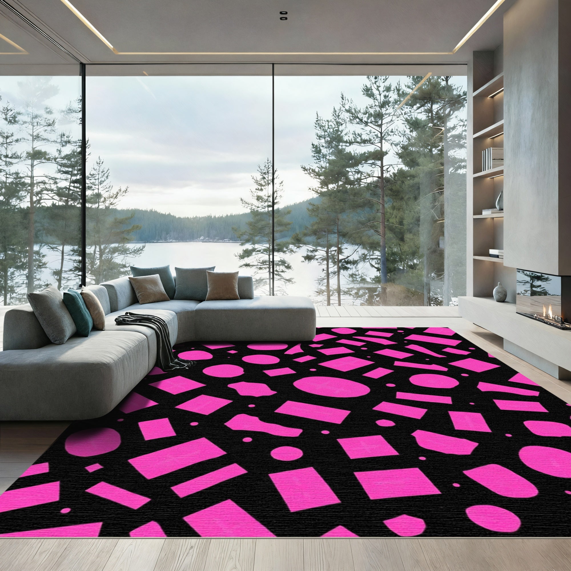 Bold Pink Abstract Shapes Black Rug