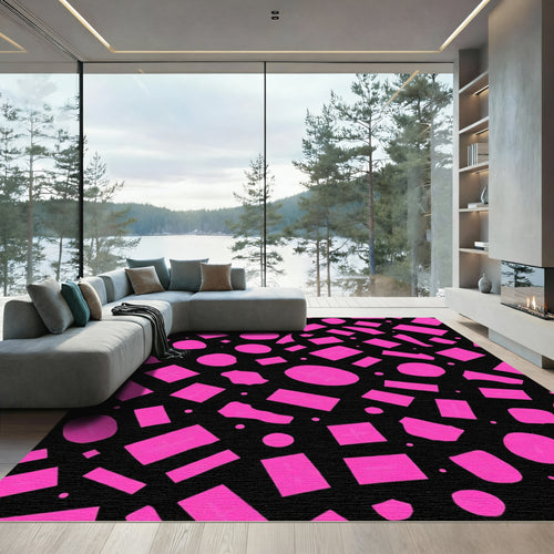 Bold Pink Abstract Shapes Black Rug