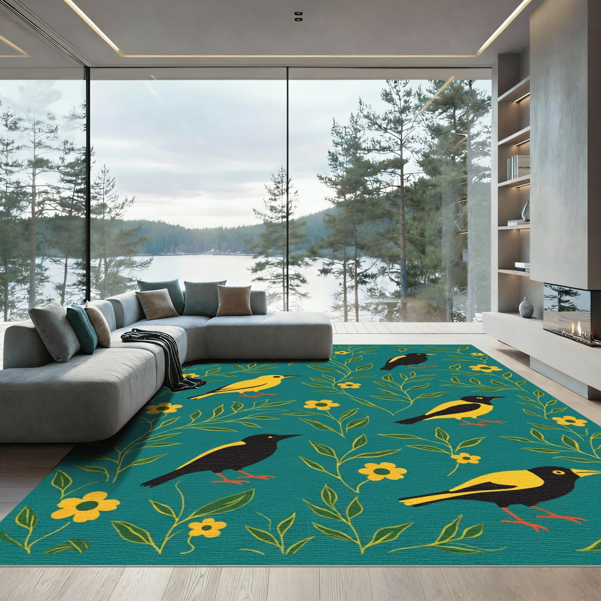 Teal Black Yellow Bird Floral Composition Rug