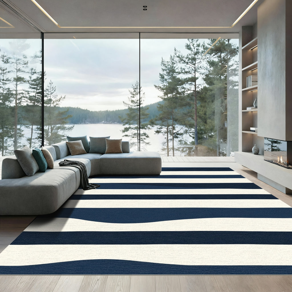 Deep Blue Wave Striped Rug