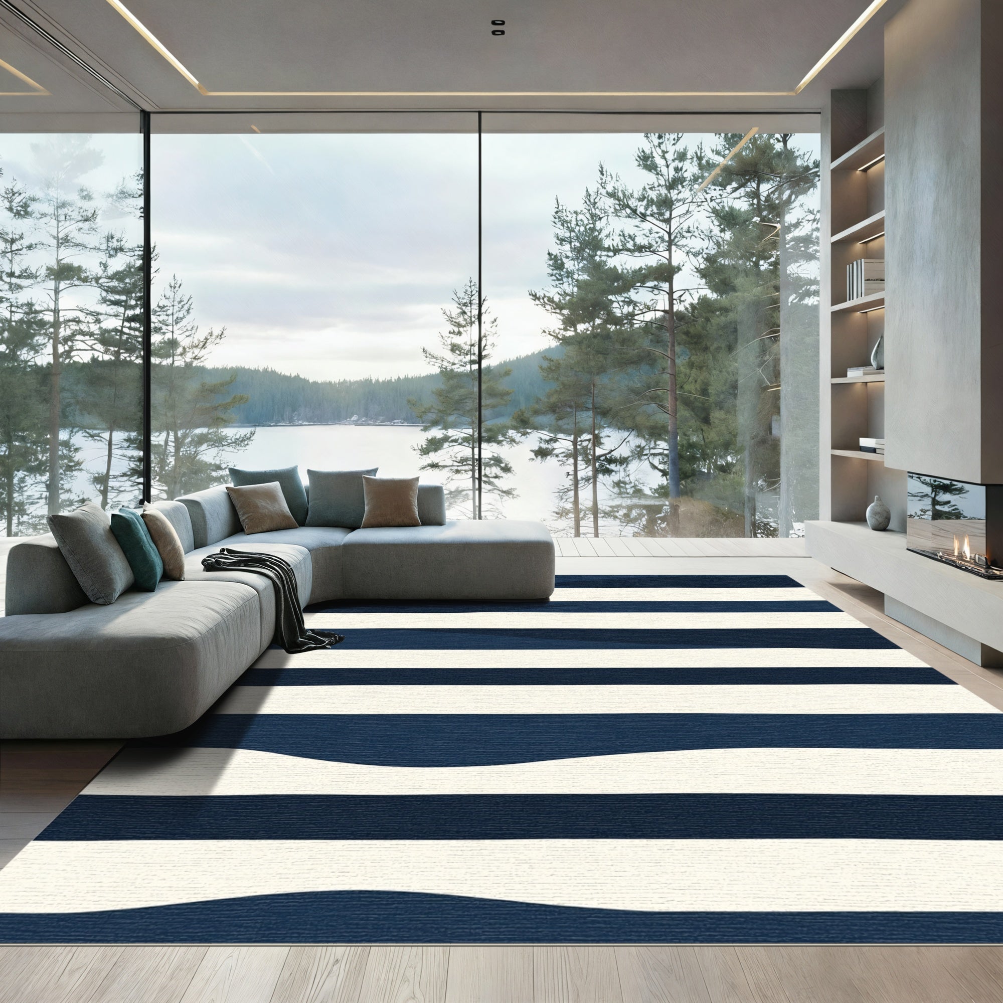 Deep Blue Wave Striped Rug