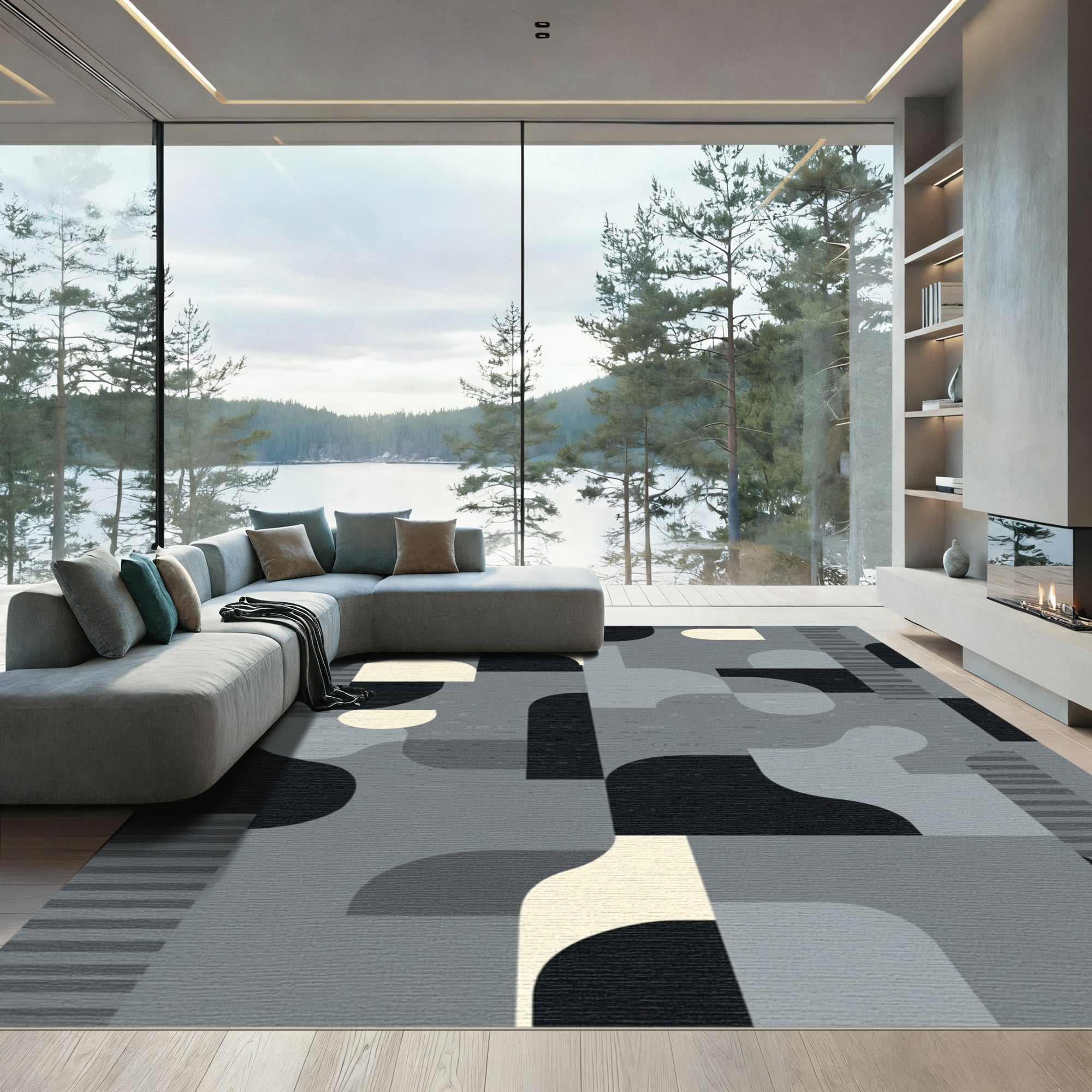 Monochrome Abstract Geometric Mid Century Modern Rug