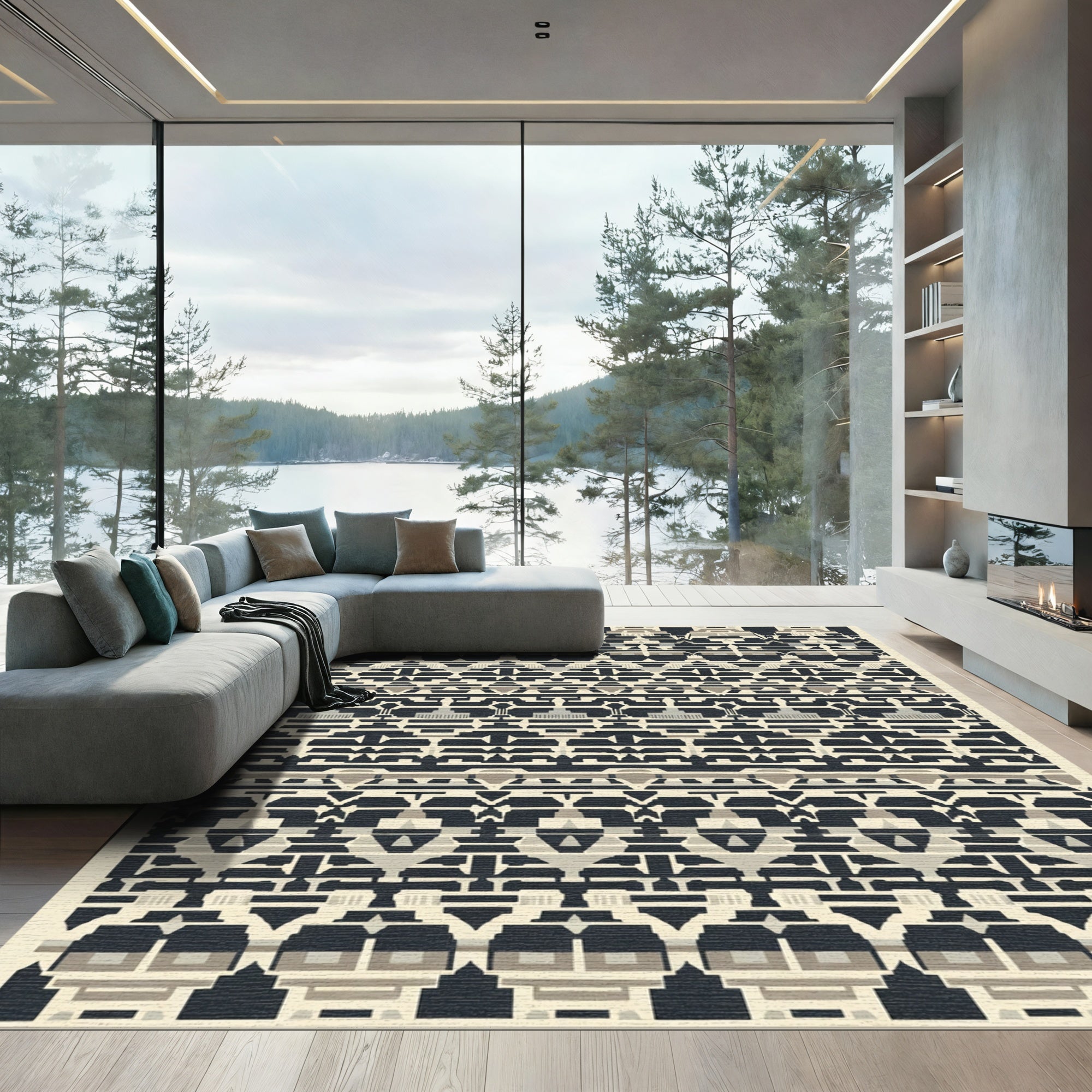 Geometric Abstract Dark Tribal Forms Rug