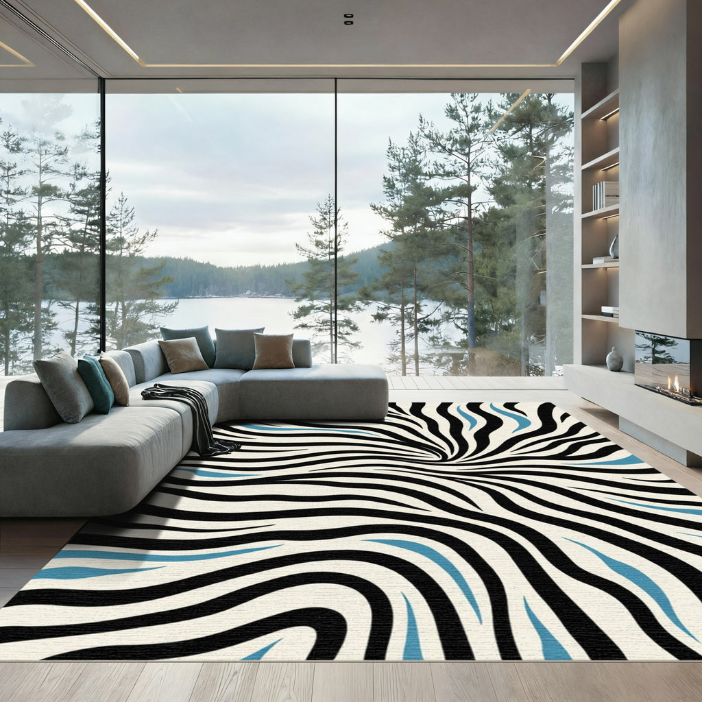 Abstract Black White Blue Swirl Rug